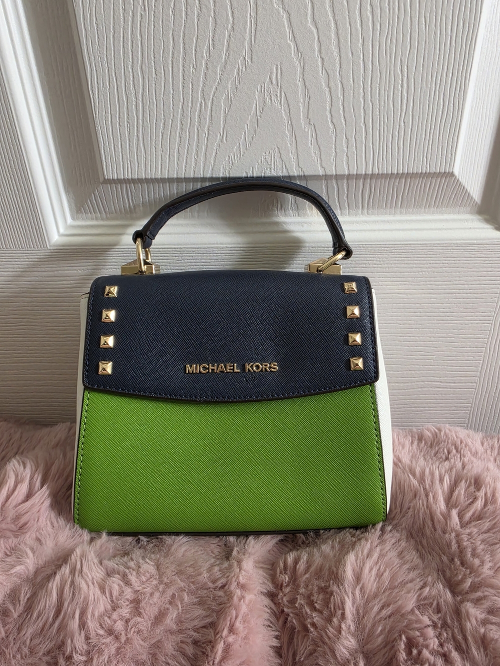 Michael Kors Small Top-Handle Satchel in Navy, Green & White